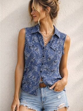 Pendleton Sleeveless Button Up Shirt Blue Floral Western Boho Vintage Fit L